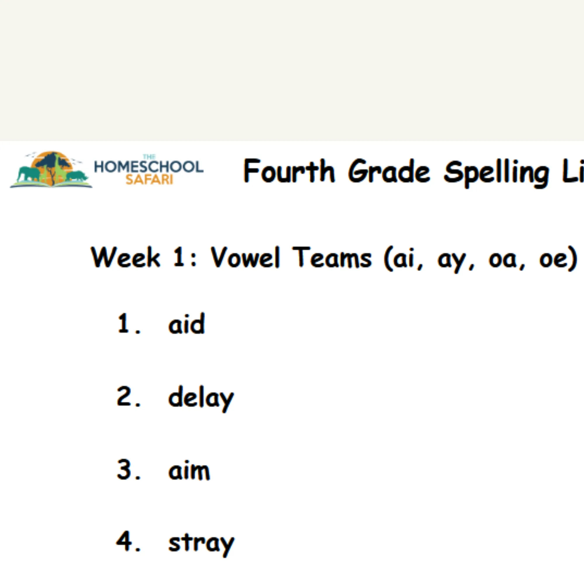 4th Grade Spelling and Vocabulary List
