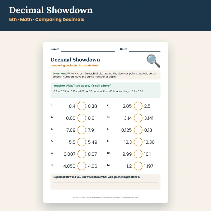Comparing & Ordering Decimals worksheet for 5th Math – Homeschool Safari