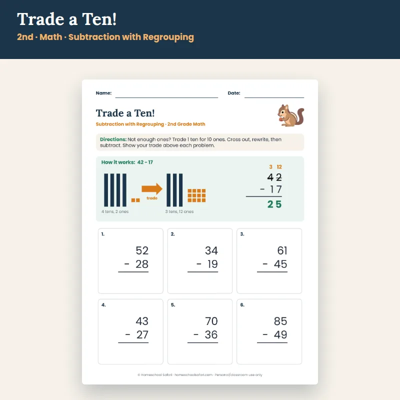 Trade a Ten: Subtraction with Regrouping worksheet for 2nd Math – Homeschool Safari