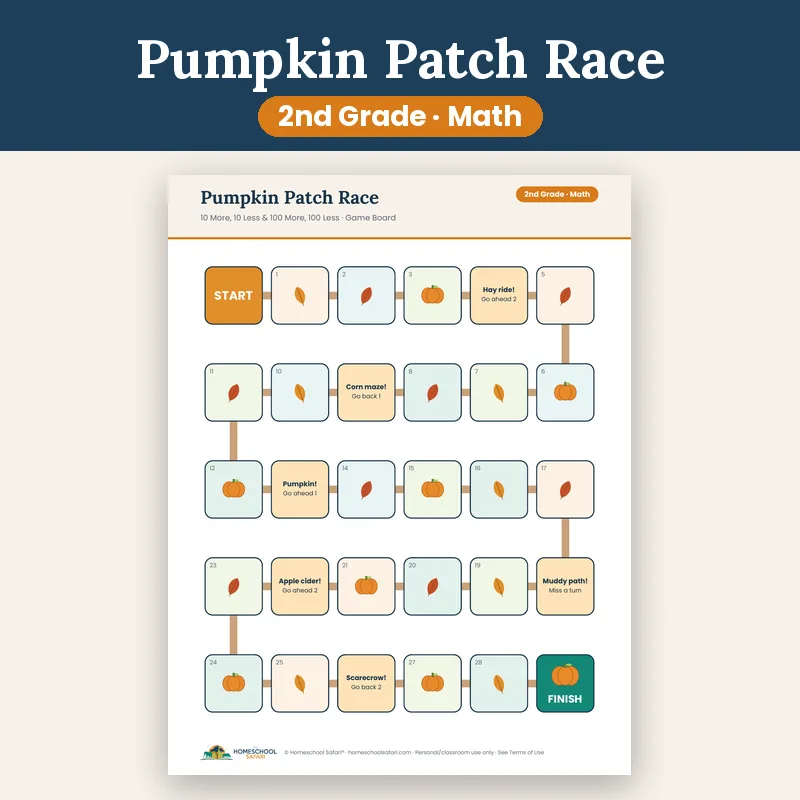 10 More 10 Less Pumpkin Patch Board Game for 2nd Grade