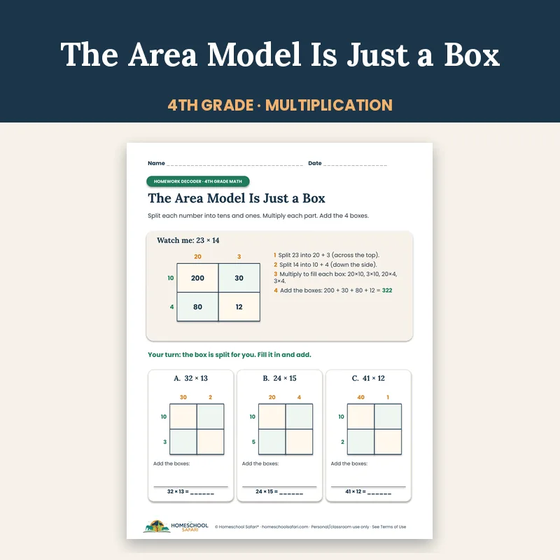 Area Model Multiplication Worksheet for 4th Grade