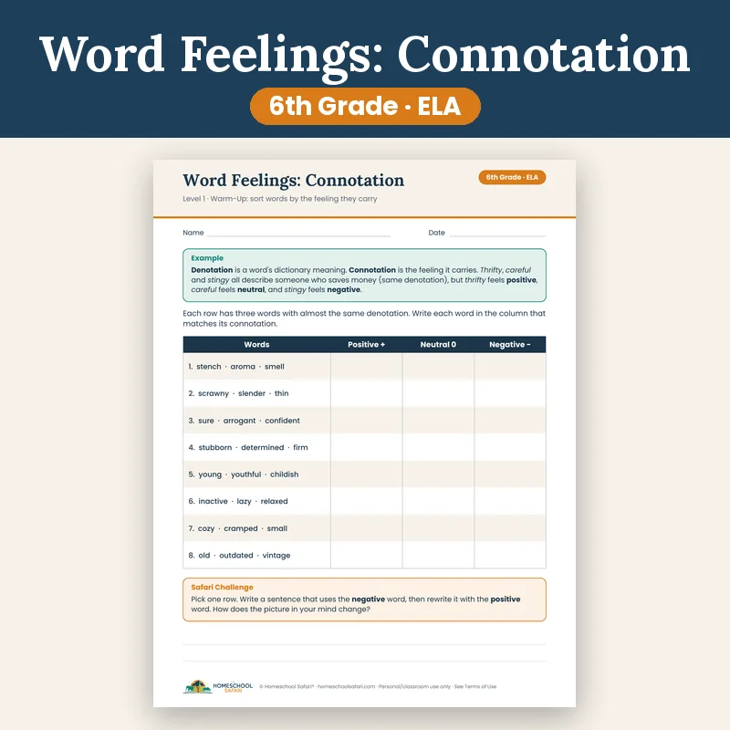 Connotation and Denotation Worksheets for 6th Grade