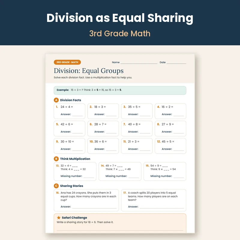 3rd Grade Division Worksheets: Equal Sharing in 3 Levels