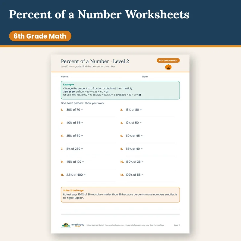 Percent of a Number Worksheets for 6th Grade (3 Levels)