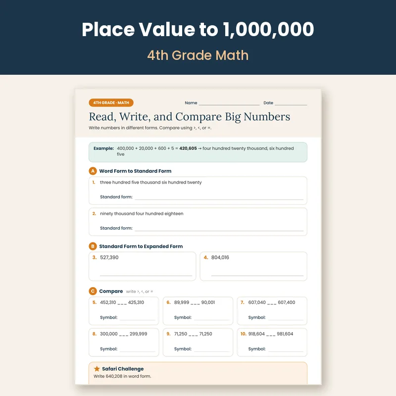 4th Grade Place Value Worksheets to 1,000,000: 3 Levels