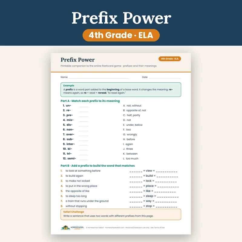 Prefixes Flashcard Game for 4th Grade