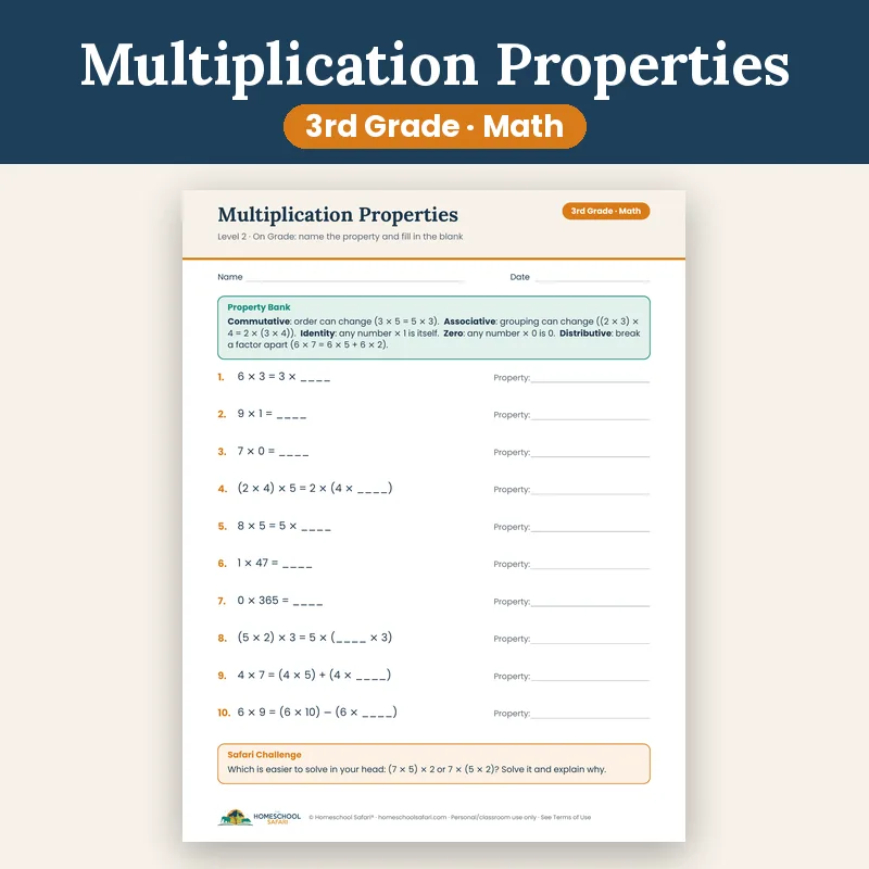 Properties of Multiplication Worksheets for 3rd Grade