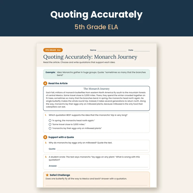5th Grade Text Evidence Worksheets: Quoting Accurately in 3 Levels