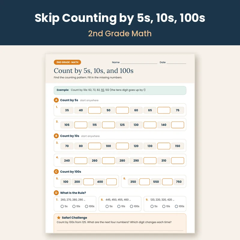 2nd Grade Skip Counting Worksheets: 3 Levels