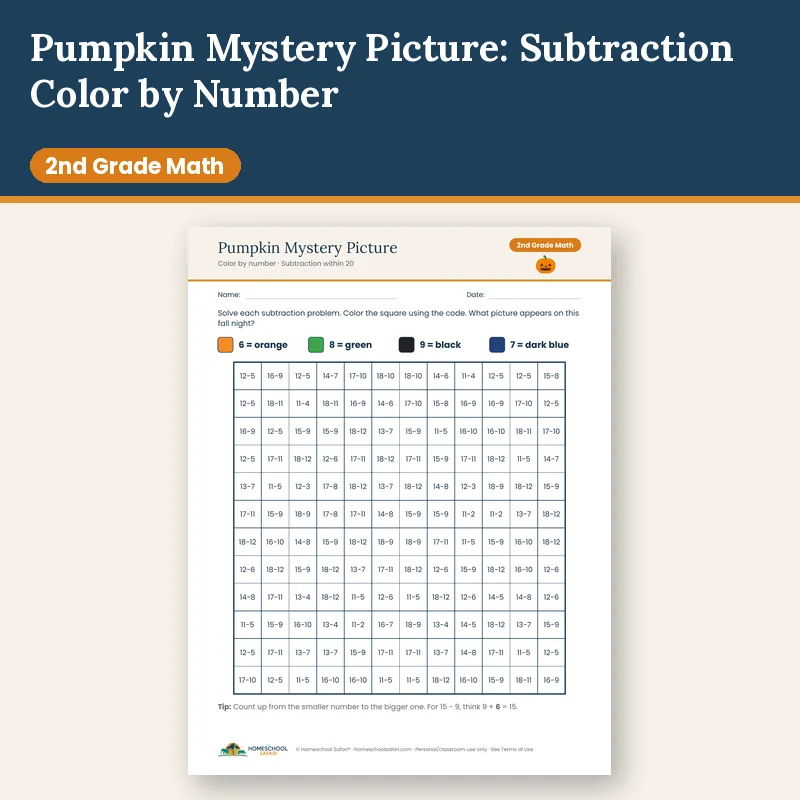 Subtraction Color by Number for 2nd Grade: Pumpkin Mystery Picture