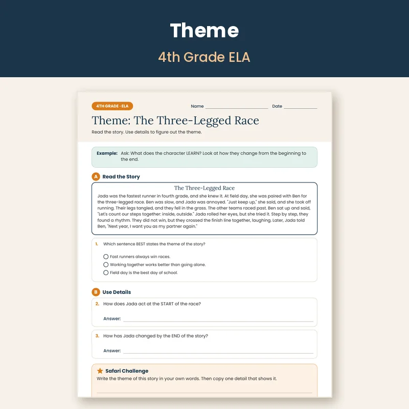 4th Grade Theme Worksheets: Find the Lesson in 3 Levels