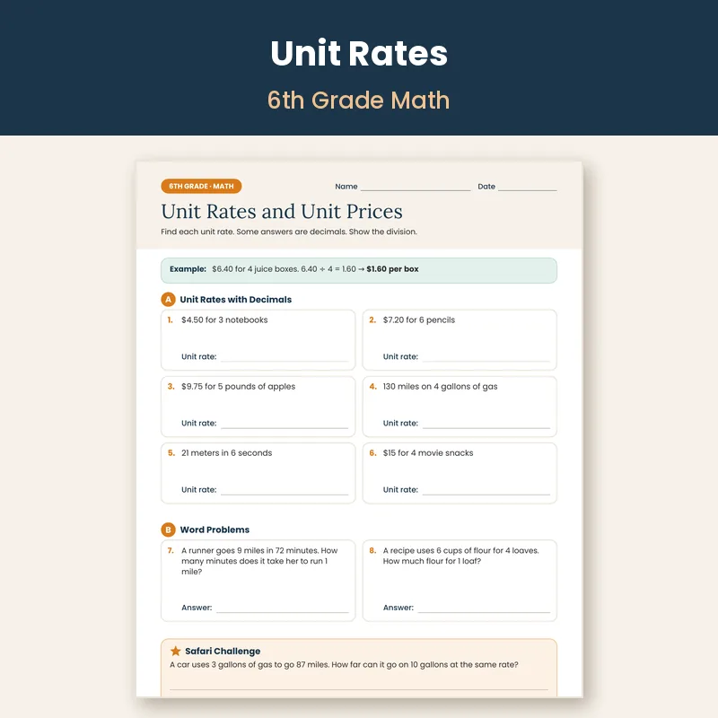 6th Grade Unit Rate Worksheets: 3 Levels